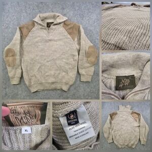 Niffi Sweater Mens XL Beige British Wool 1/4 Zip High Neck Suede Elbow Patches